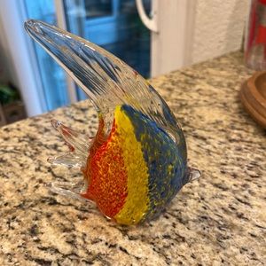 Vtg Art Glass 6" Angel Fish Sculpture Figurine Paperweight Blue yellow orange